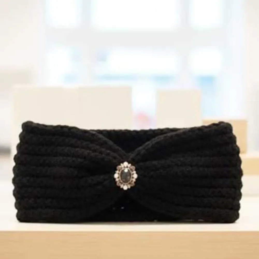 Ladies Black Vintage Style Jewel Knitted Winter Headband